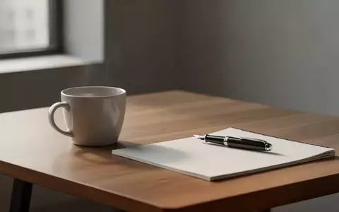 Ein minimalistischer, moderner Arbeitsplatz mit einem leeren Notizbuch und einer Kaffeetasse in natürlichem Licht. - Foto: über boerse-global.de