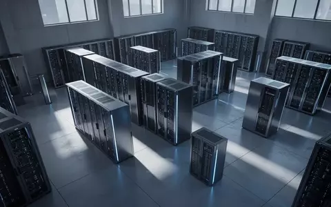 Ein minimalistischer, moderner Serverraum mit dunklen Metall-Regalen und geometrischen Schatten auf einem Betonboden. - Foto: über boerse-global.de