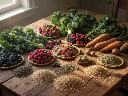 Frisches, unverarbeitetes Obst und Gemüse sowie Vollkornprodukte auf einem Holztisch als Symbol für gesunde Ernährung. - Foto: über boerse-global.de