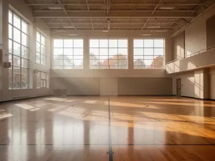 Ein heller, leerer Gymnastikraum mit Holzboden und einfallendem Tageslicht in einer Turnhalle. - Foto: über boerse-global.de