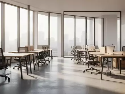 Ein moderner, leerer Büroraum mit Schreibtischen und Stühlen in einer ruhigen, hellen Arbeitsumgebung. - Foto: über boerse-global.de