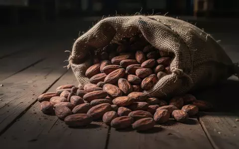 Ein Sack mit Kakaobohnen, der auf einem dunklen Holzboden liegt. - Foto: über boerse-global.de
