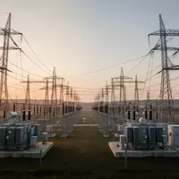 Hochspannungsmasten und Transformatorenstation in einer weiten Landschaft bei Dämmerung. - Foto: über boerse-global.de