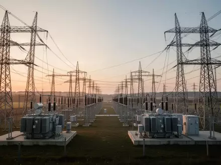 Hochspannungsmasten und Transformatorenstation in einer weiten Landschaft bei Dämmerung. - Foto: über boerse-global.de