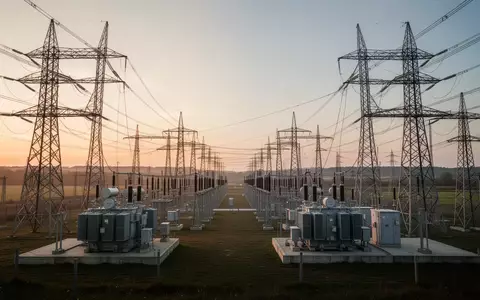 Hochspannungsmasten und Transformatorenstation in einer weiten Landschaft bei Dämmerung. - Foto: über boerse-global.de