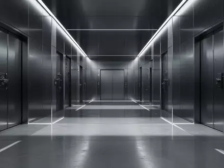 Ein minimalistischer, moderner Banktresor-Korridor mit polierten Betonwänden und kühler Beleuchtung. - Foto: über boerse-global.de