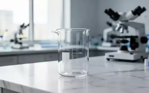 Ein leeres Glasbecherglas auf einem weißen Labortisch vor einem unscharfen medizinischen Hintergrund. - Foto: über boerse-global.de