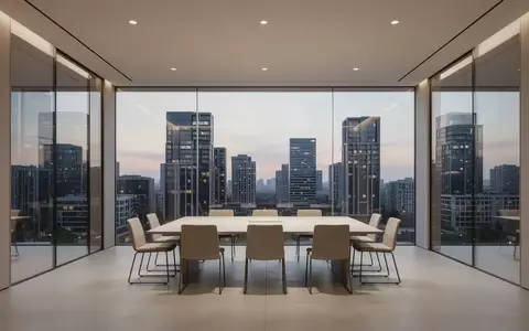 Ein minimalistischer, leerer Konferenzraum mit Glaswänden vor einer modernen Stadtkulisse bei Dämmerung. - Foto: über boerse-global.de