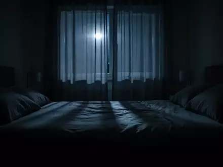 Ein abgedunkeltes Schlafzimmer bei Nacht, das nur von schwachem Mondlicht durch Vorhänge beleuchtet wird. - Foto: über boerse-global.de