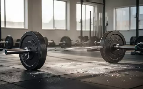 Hantelscheiben und eine Langhantel auf einem Gummiboden in einem hellen, professionellen Fitnessstudio. - Foto: über boerse-global.de