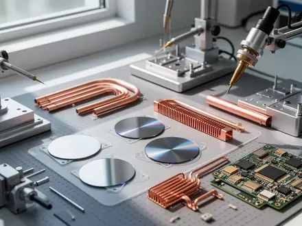 Ein sauberer Arbeitsplatz in einem Elektroniklabor mit Präzisionswerkzeugen, Kupfer-Kühlrohren und Mikro-Bauteilen auf einer antistatischen Matte. - Foto: über boerse-global.de