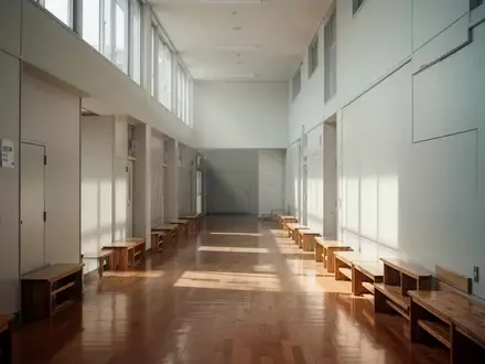 Ein leerer, sonnendurchfluteter Flur in einem modernen Schulgebäude mit schlichten weißen Wänden und Holzböden. - Foto: über boerse-global.de