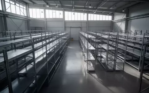 Ein modernes, leeres Industrielager mit Regalen und polierten Betonböden in einer sachlichen, hellen Atmosphäre. - Foto: über boerse-global.de