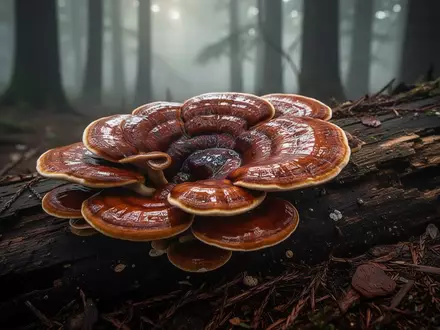 Nahaufnahme von glänzenden, rotbraunen Lingzhi-Pilzen, die auf einem verrottenden Baumstamm in einem nebligen Wald wachsen. - Foto: über boerse-global.de