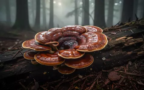 Nahaufnahme von glänzenden, rotbraunen Lingzhi-Pilzen, die auf einem verrottenden Baumstamm in einem nebligen Wald wachsen. - Foto: über boerse-global.de