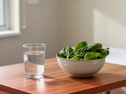 Ein minimalistischer, heller Untersuchungsraum mit einem Glas Wasser und frischem Gemüse auf einem Holztisch. - Foto: über boerse-global.de