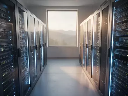 Moderne Serveranlage in einem Raum mit sanftem, bläulichem Licht und natürlichem Morgenschein. - Foto: über boerse-global.de