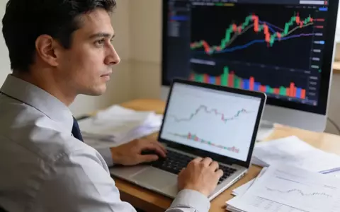 Finanzanalyst bei der Arbeit an einem Laptop mit Aktienkursen im Hintergrund. - Foto: über boerse-global.de