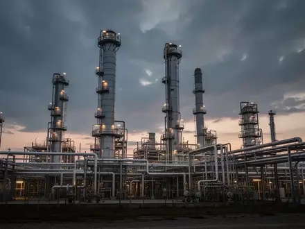 Eine industrielle Ölraffinerie bei Dämmerung mit komplexen Rohrleitungssystemen und Stahltürmen vor einem dramatischen Himmel. - Foto: über boerse-global.de