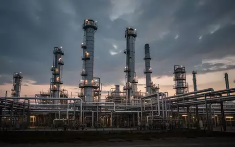 Eine industrielle Ölraffinerie bei Dämmerung mit komplexen Rohrleitungssystemen und Stahltürmen vor einem dramatischen Himmel. - Foto: über boerse-global.de