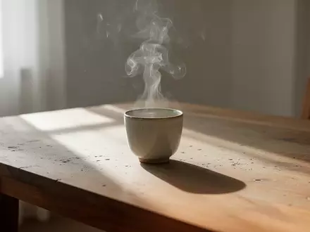 Eine dampfende Kaffeetasse auf einem Holztisch in einem hellen, sonnendurchfluteten Raum. - Foto: über boerse-global.de