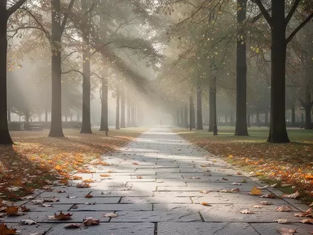 Ein ruhiger, sonnendurchfluteter Parkweg im Herbst mit herabgefallenem Laub auf dem Boden. - Foto: über boerse-global.de