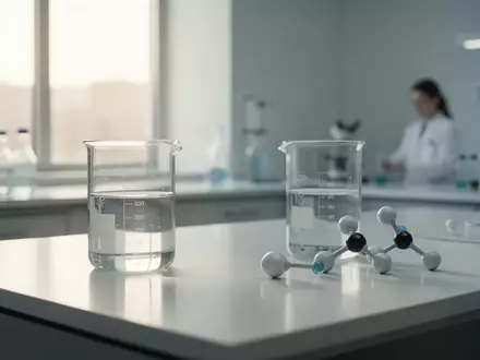 Ein minimalistischer, klinischer Laborarbeitsplatz mit einer Glasapparatur und molekularen Modellen in weichem Tageslicht. - Foto: über boerse-global.de