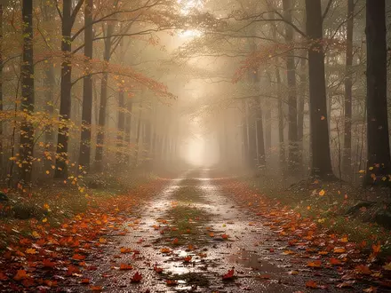 Ein Waldweg im frühen Herbst mit goldenem Licht und herabgefallenen Blättern als Symbol für den saisonalen Wandel. - Foto: über boerse-global.de