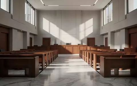 Ein leerer, sonnendurchfluteter Gerichtssaal mit polierten Holzbänken und Marmorboden in einer minimalistischen Architektur. - Foto: über boerse-global.de