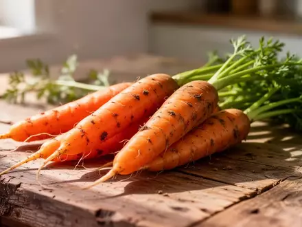 Frische, ungewaschene Karotten mit grünem Kraut auf einer rustikalen Holzoberfläche in natürlichem Tageslicht. - Foto: über boerse-global.de