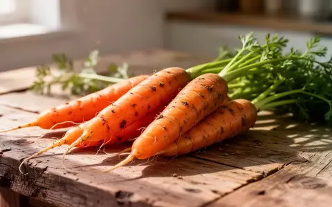 Frische, ungewaschene Karotten mit grünem Kraut auf einer rustikalen Holzoberfläche in natürlichem Tageslicht. - Foto: über boerse-global.de