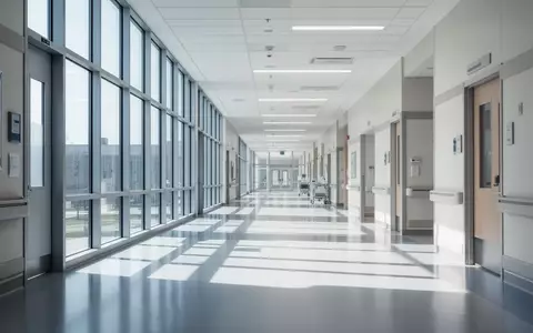Ein heller, moderner Flur in einem Universitätsklinikum mit reflektierenden Böden und großen Fensterfronten. - Foto: über boerse-global.de