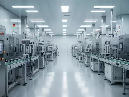 Moderne Fertigungshalle für Halbleitertechnologie in einer sterilen, hochtechnologischen Industrieumgebung. - Foto: über boerse-global.de
