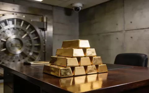 Ein Stapel Goldbarren auf einem dunklen Holztisch in einem Tresorraum. - Foto: über boerse-global.de