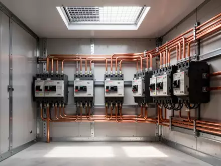 Industrielle Schaltanlage mit Kupferleitungen und Sicherungselementen in einem aufgeräumten, technischen Raum. - Foto: über boerse-global.de