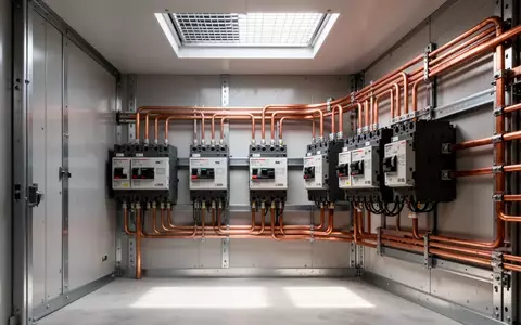Industrielle Schaltanlage mit Kupferleitungen und Sicherungselementen in einem aufgeräumten, technischen Raum. - Foto: über boerse-global.de