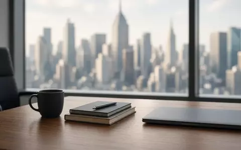 Ein moderner Schreibtisch in einem Büro mit verschwommener Skyline im Hintergrund bei natürlichem Tageslicht. - Foto: über boerse-global.de