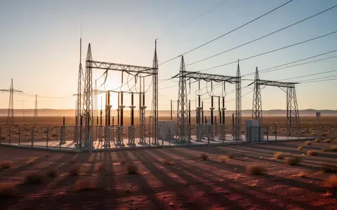 Eine moderne elektrische Umspannstation in einer weiten Wüstenlandschaft bei Sonnenuntergang. - Foto: über boerse-global.de