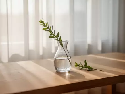 Ein minimalistischer, lichtdurchfluteter Raum mit einer Glaskaraffe und einer botanischen Pflanze auf einem Holztisch. - Foto: über boerse-global.de