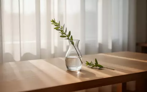 Ein minimalistischer, lichtdurchfluteter Raum mit einer Glaskaraffe und einer botanischen Pflanze auf einem Holztisch. - Foto: über boerse-global.de