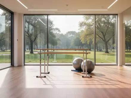 Ein heller, minimalistischer Therapieraum mit Holzboden und Blick ins Grüne, ohne Personen. - Foto: über boerse-global.de