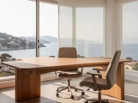 Ein minimalistischer, aufgeräumter Arbeitsplatz mit einem Holztisch vor einem Fenster mit Blick in die Natur. - Foto: über boerse-global.de