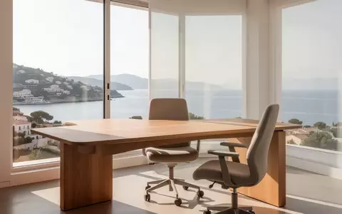Ein minimalistischer, aufgeräumter Arbeitsplatz mit einem Holztisch vor einem Fenster mit Blick in die Natur. - Foto: über boerse-global.de