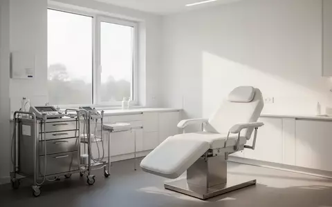 Ein heller, minimalistischer Behandlungsraum in einer Arztpraxis mit einem leeren Untersuchungshocker und modernem Mobiliar. - Foto: über boerse-global.de