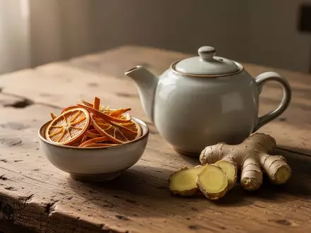 Eine Teekanne mit getrockneten Orangenschalen und Ingwer auf einem Holztisch als Symbol für traditionelle Kräuteranwendungen. - Foto: über boerse-global.de