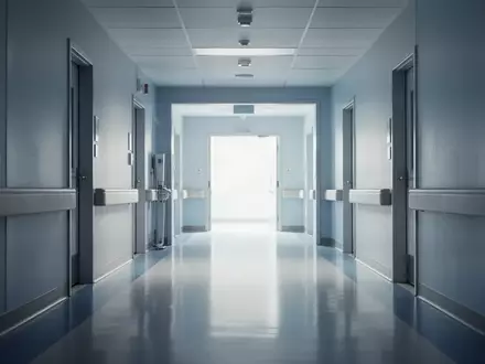 Ein klinisch sauberer, menschenleerer Krankenhausflur in modernem Design mit sanfter Beleuchtung und reflektierenden Bodenflächen. - Foto: über boerse-global.de
