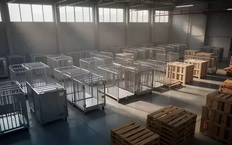 Eine leere, minimalistische Lagerhalle mit ordentlich gestapelten Transportpaletten und Metallbehältern in natürlichem Licht. - Foto: über boerse-global.de