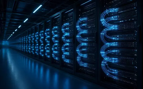 Abstraktes, professionelles Foto eines modernen Rechenzentrums mit leuchtenden Server-Racks und Glasfaserkabeln. - Foto: über boerse-global.de
