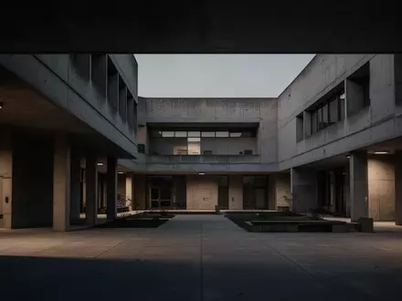 Ein leerer, minimalistischer Innenhof einer Universität bei Dämmerung mit brutalistischer Architektur. - Foto: über boerse-global.de