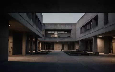 Ein leerer, minimalistischer Innenhof einer Universität bei Dämmerung mit brutalistischer Architektur. - Foto: über boerse-global.de
